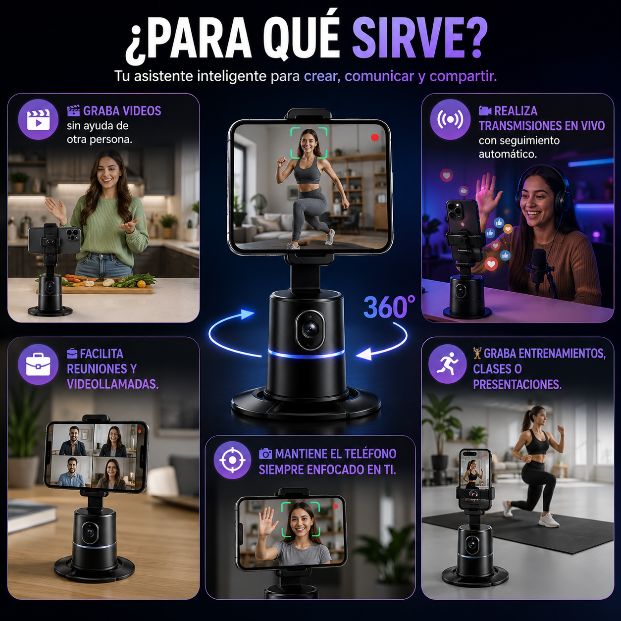 Soporte de teléfono de seguimiento automático, rotación de 360 °