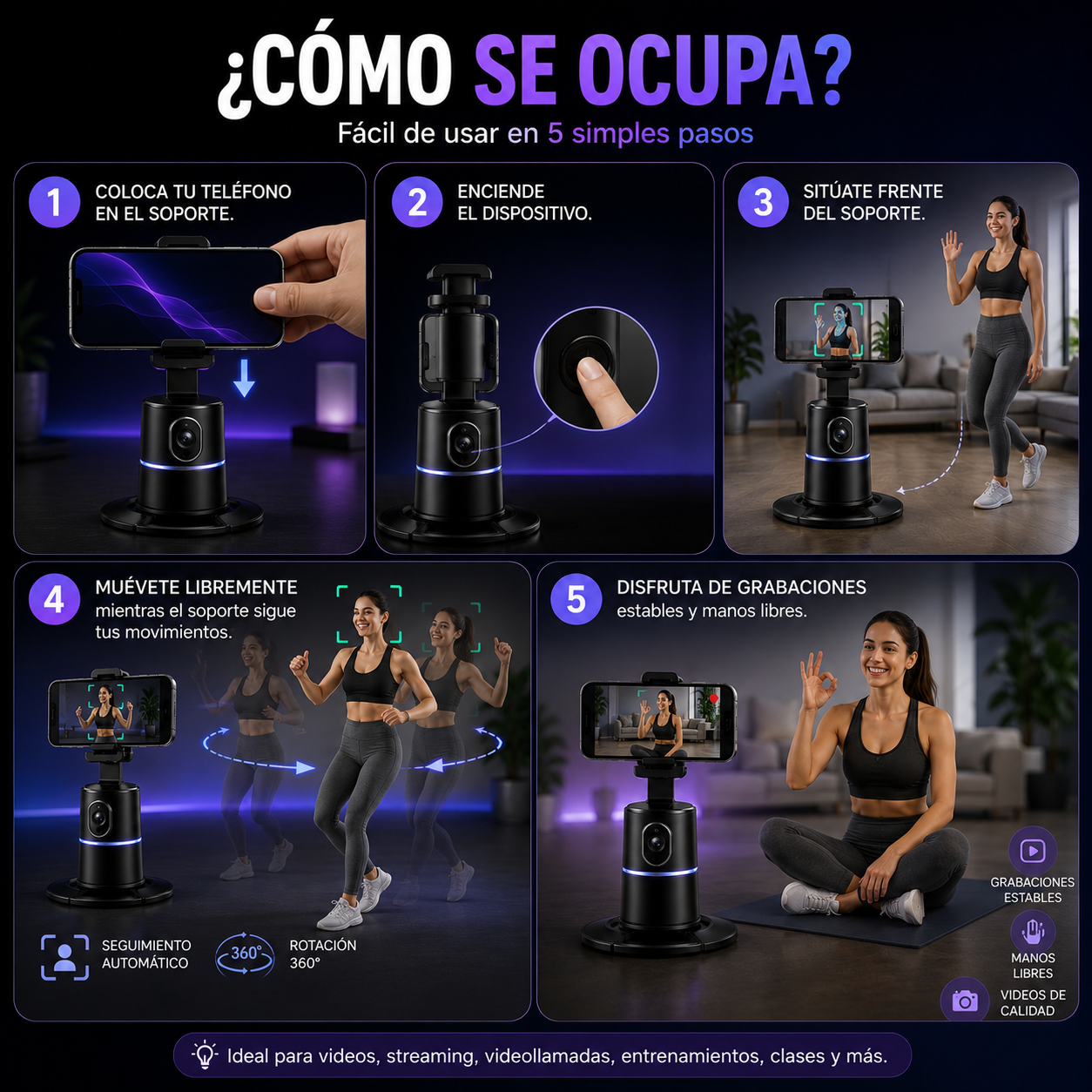 Soporte de teléfono de seguimiento automático, rotación de 360 °