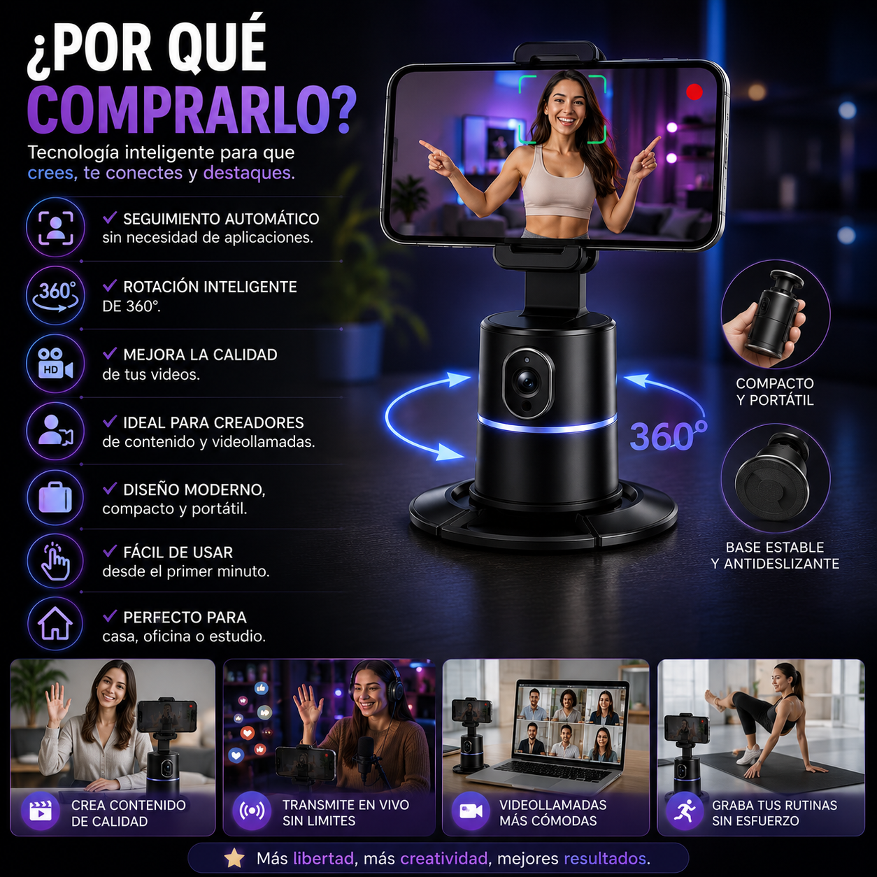 Soporte de teléfono de seguimiento automático, rotación de 360 °