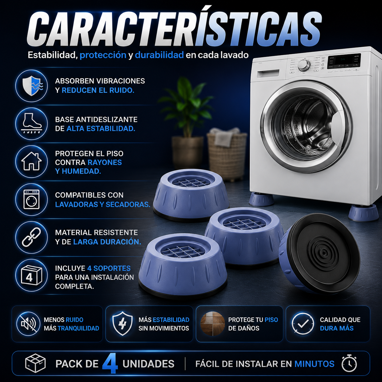 Soporte Antivibración para Lavadora · Pack 4 Unidades