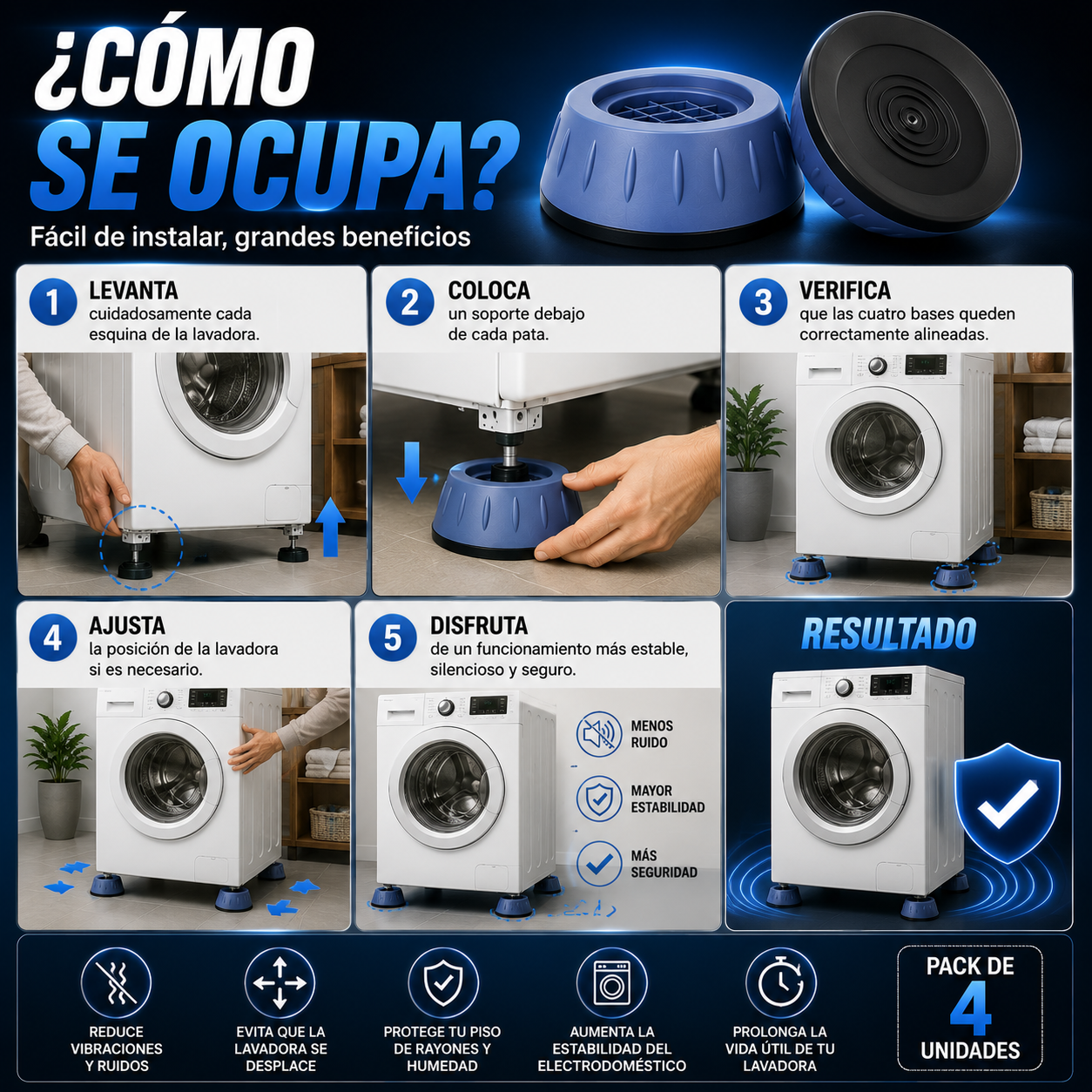 Soporte Antivibración para Lavadora · Pack 4 Unidades