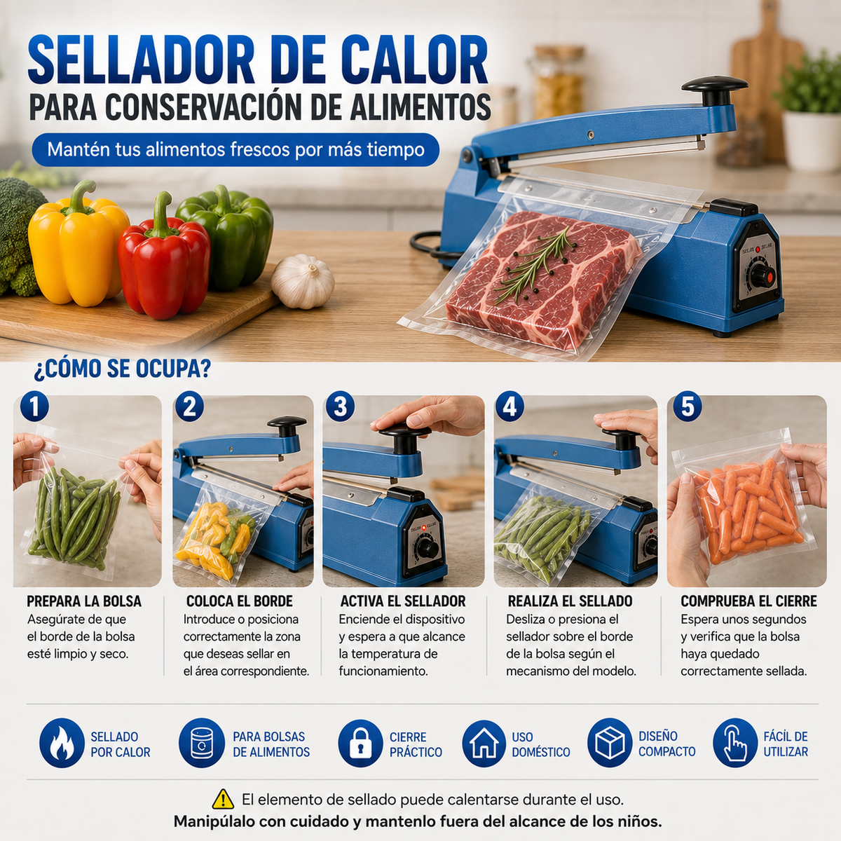 Sellador de Calor para Conservación de Alimentos