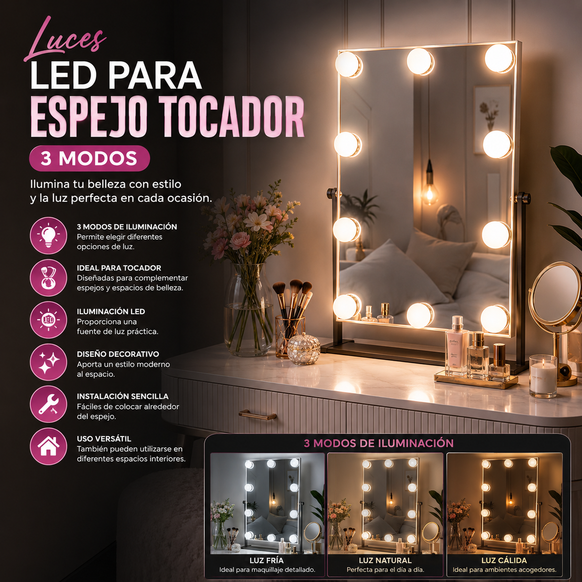 Luces LED para Espejo Tocador 3 Modos