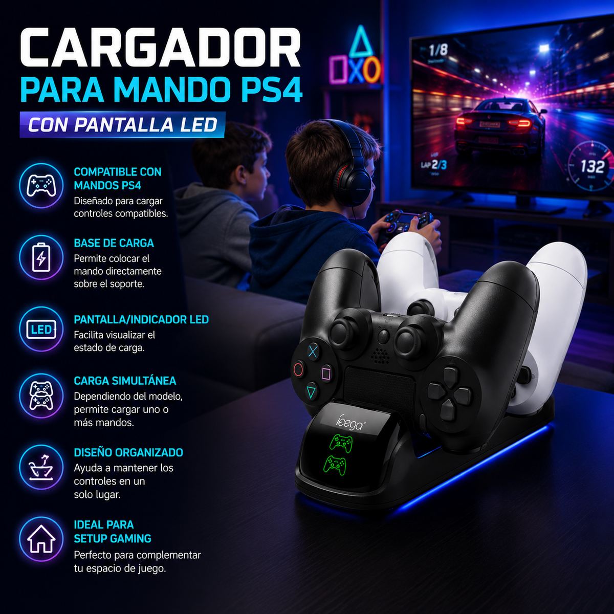 Cargador para Mando PS4 con Pantalla LED