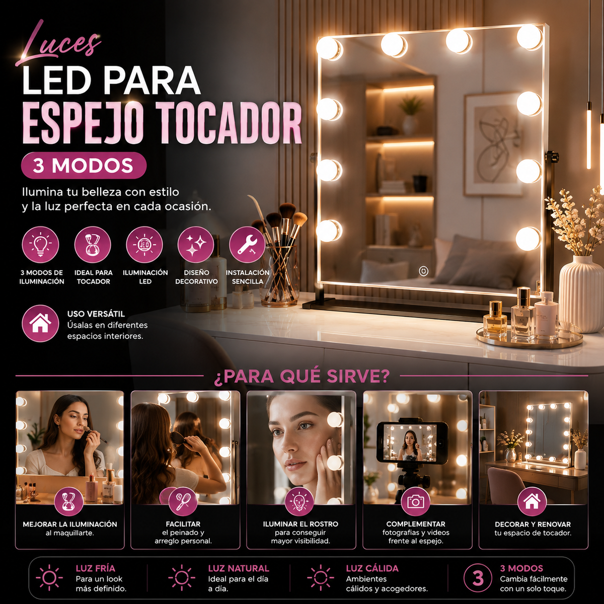Luces LED para Espejo Tocador 3 Modos
