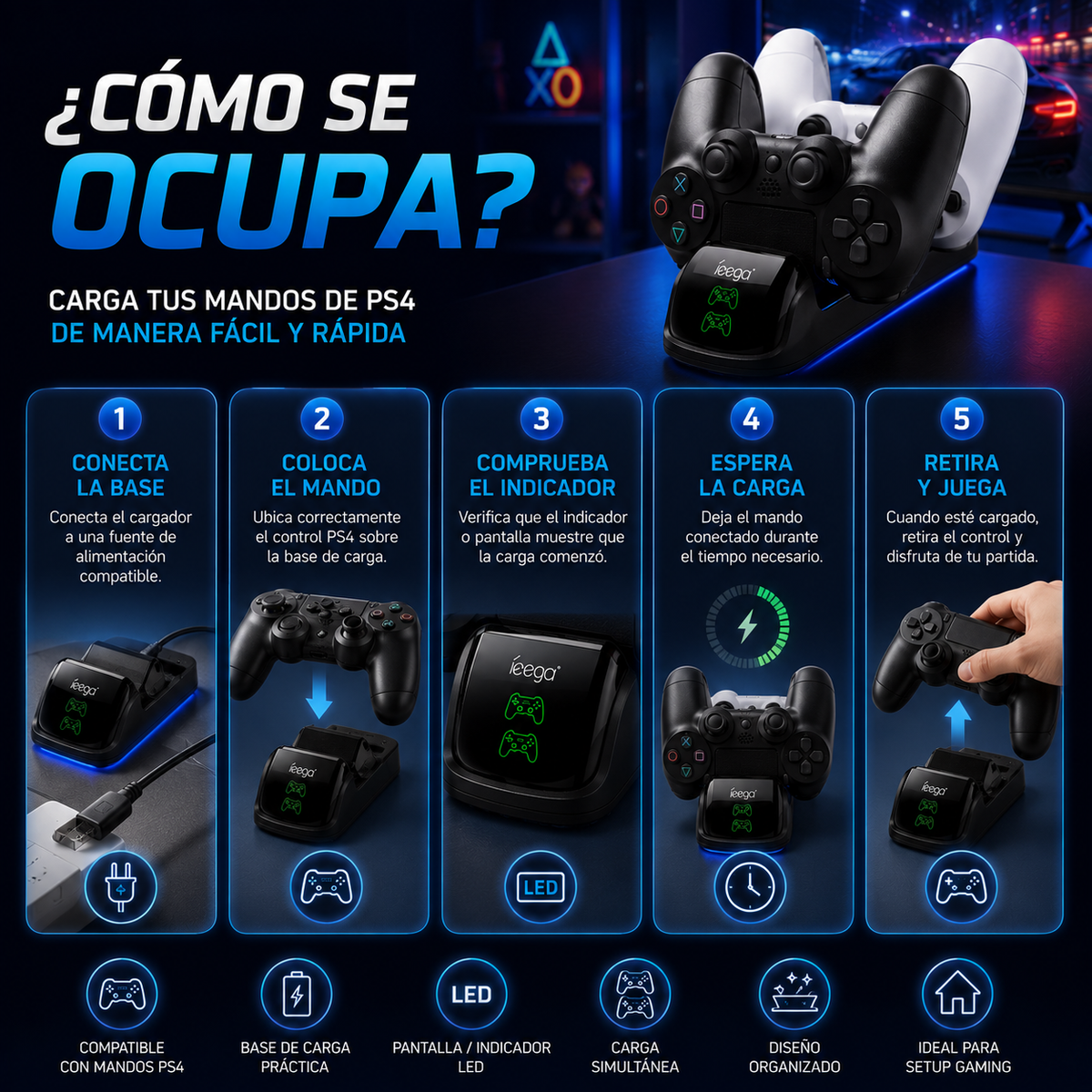 Cargador para Mando PS4 con Pantalla LED