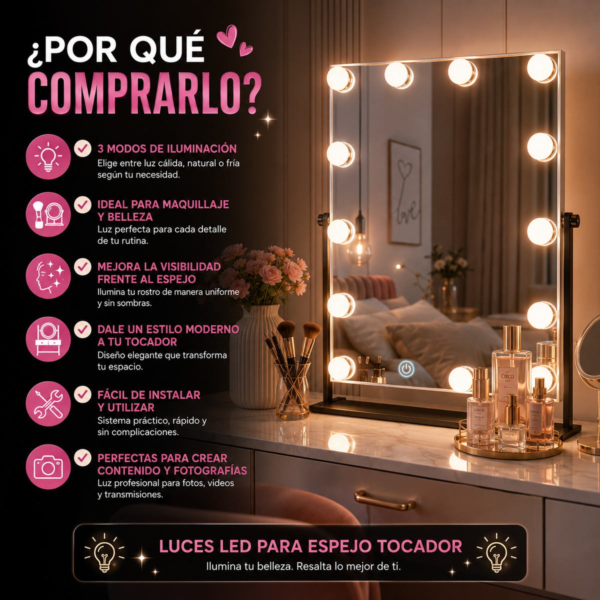 Luces LED para Espejo Tocador 3 Modos