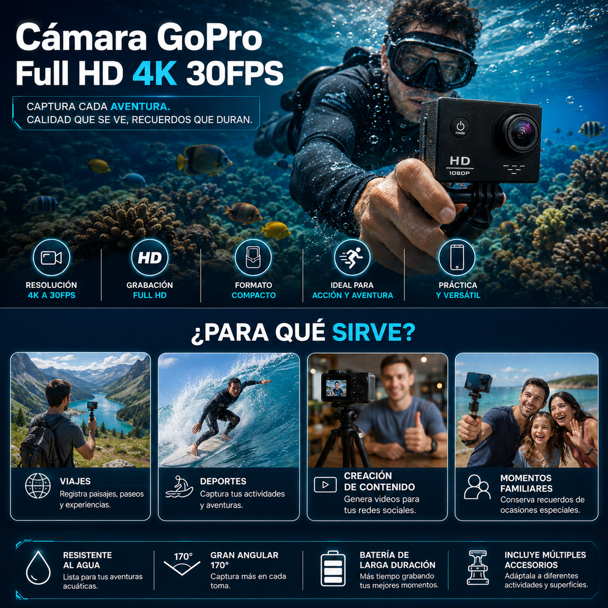 🎥 Cámara GoPro Full HD 4K 30FPS