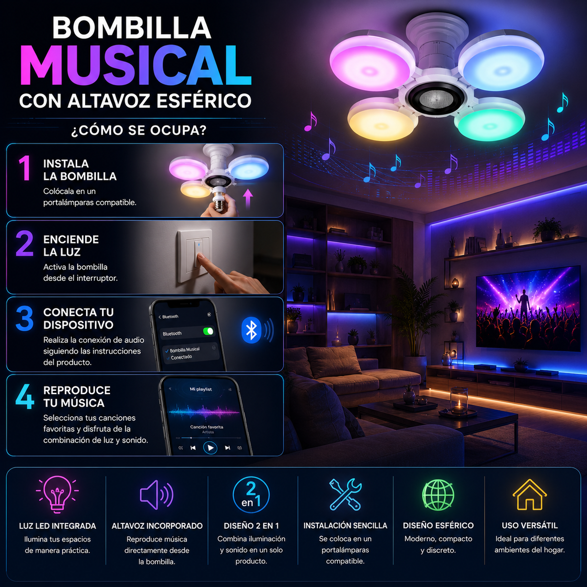 Bombilla Musical con Altavoz Esférico