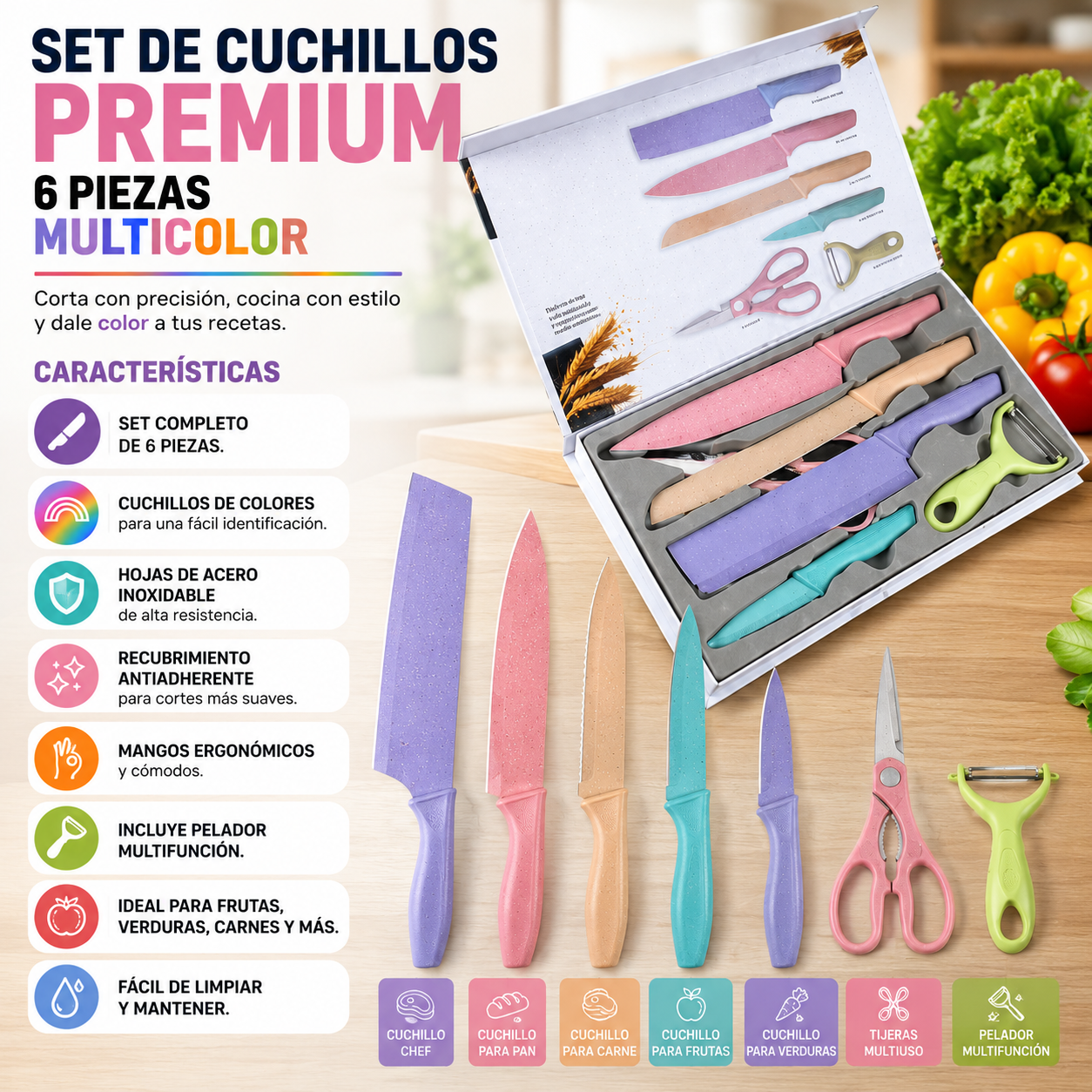Set de Cuchillos Premium 6 Piezas Multicolor