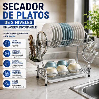 Secador de Platos de 2 Niveles en Acero Inoxidable