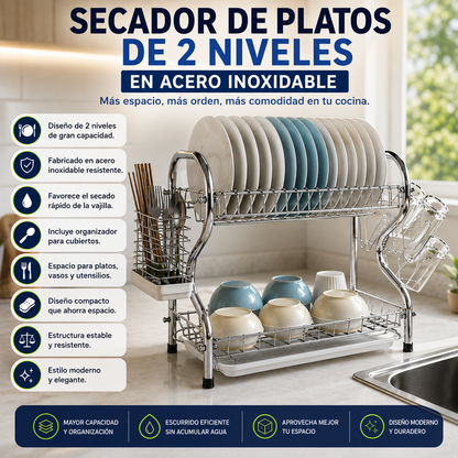 Secador de Platos de 2 Niveles en Acero Inoxidable