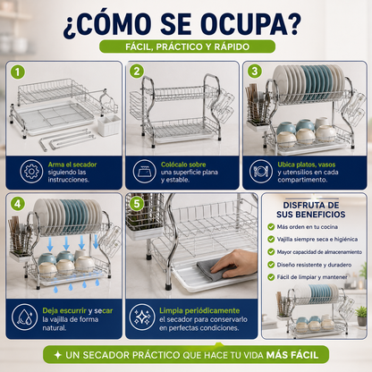 Secador de Platos de 2 Niveles en Acero Inoxidable