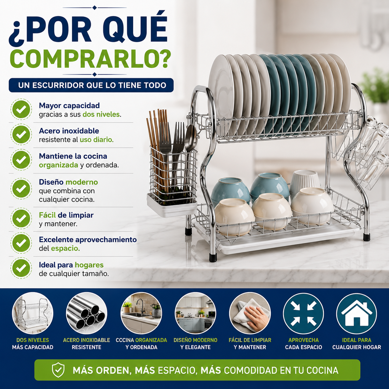 Secador de Platos de 2 Niveles en Acero Inoxidable
