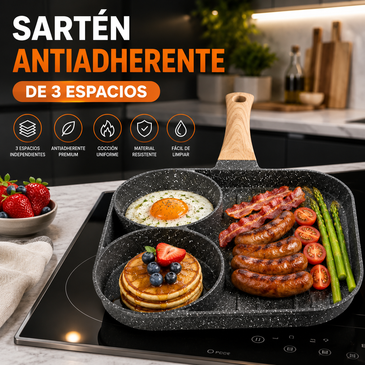 Sartén Antiadherente de 3 Espacios