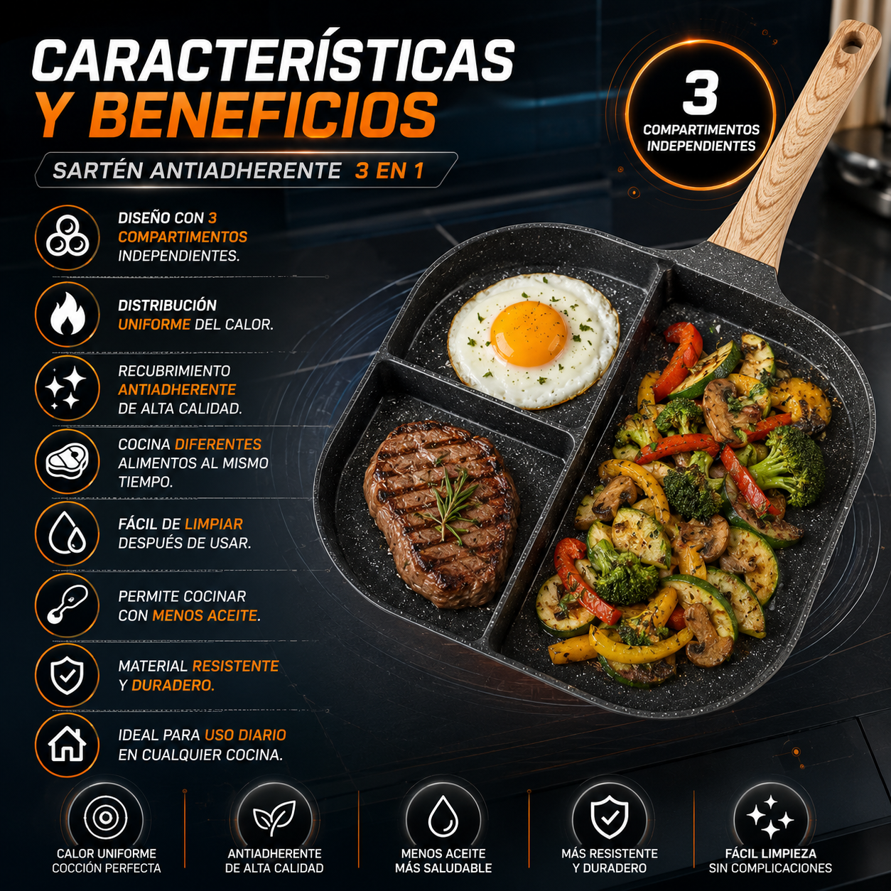 Sartén Antiadherente de 3 Espacios