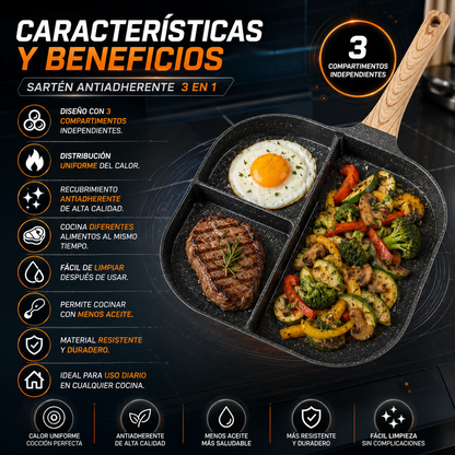 Sartén Antiadherente de 3 Espacios