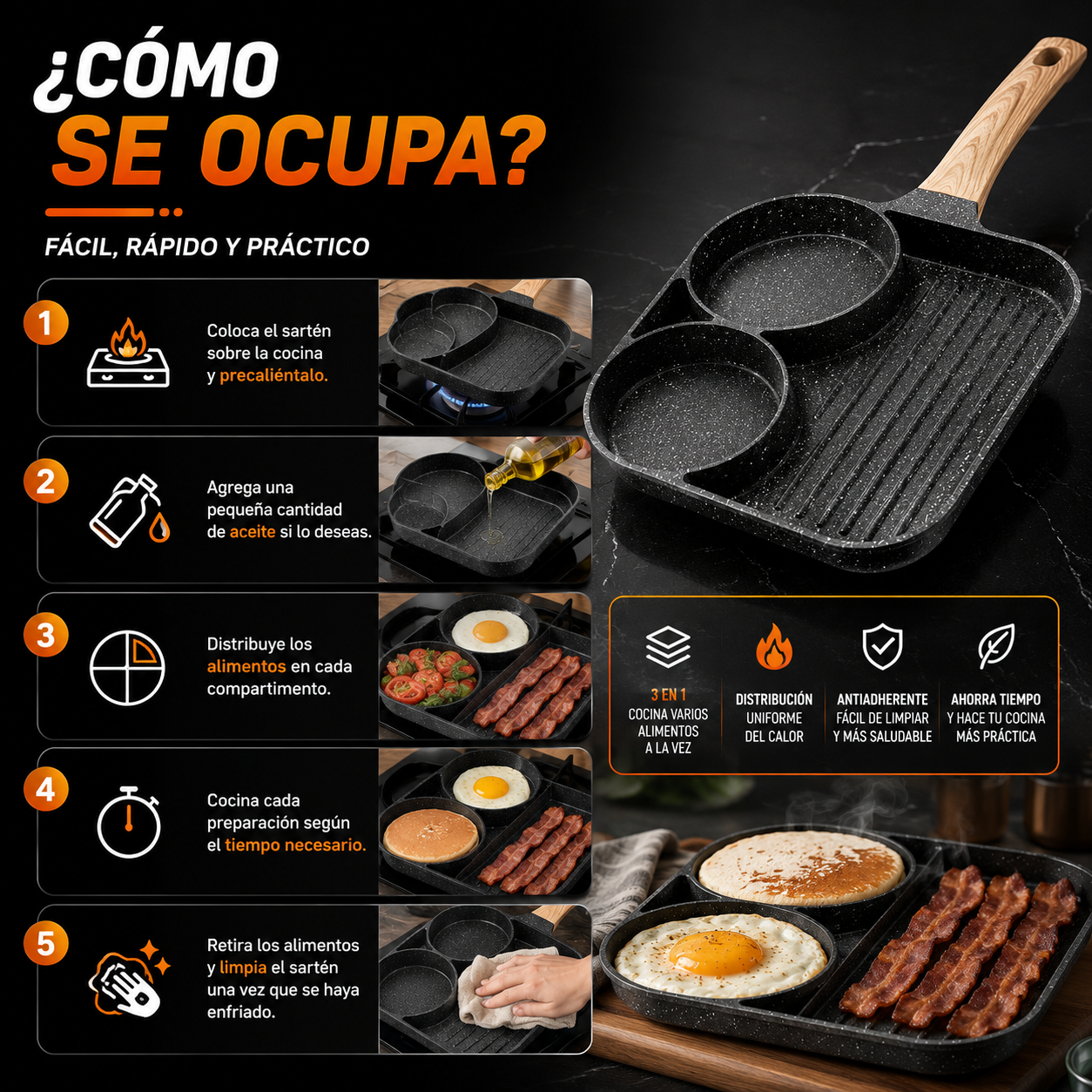 Sartén Antiadherente de 3 Espacios