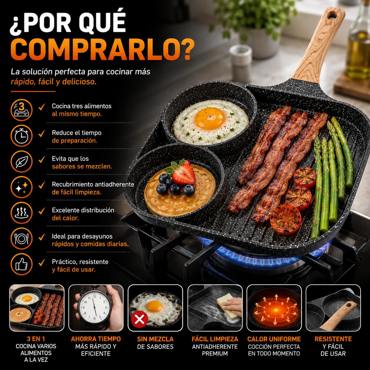 Sartén Antiadherente de 3 Espacios