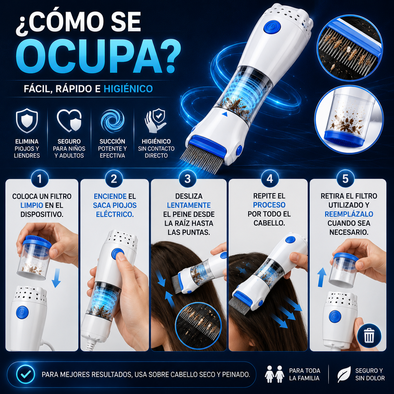 Saca Piojos Eléctrico con 4 Filtros