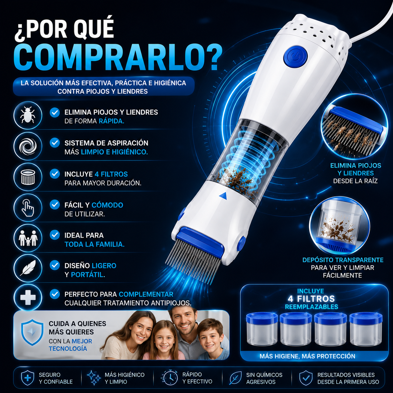 Saca Piojos Eléctrico con 4 Filtros