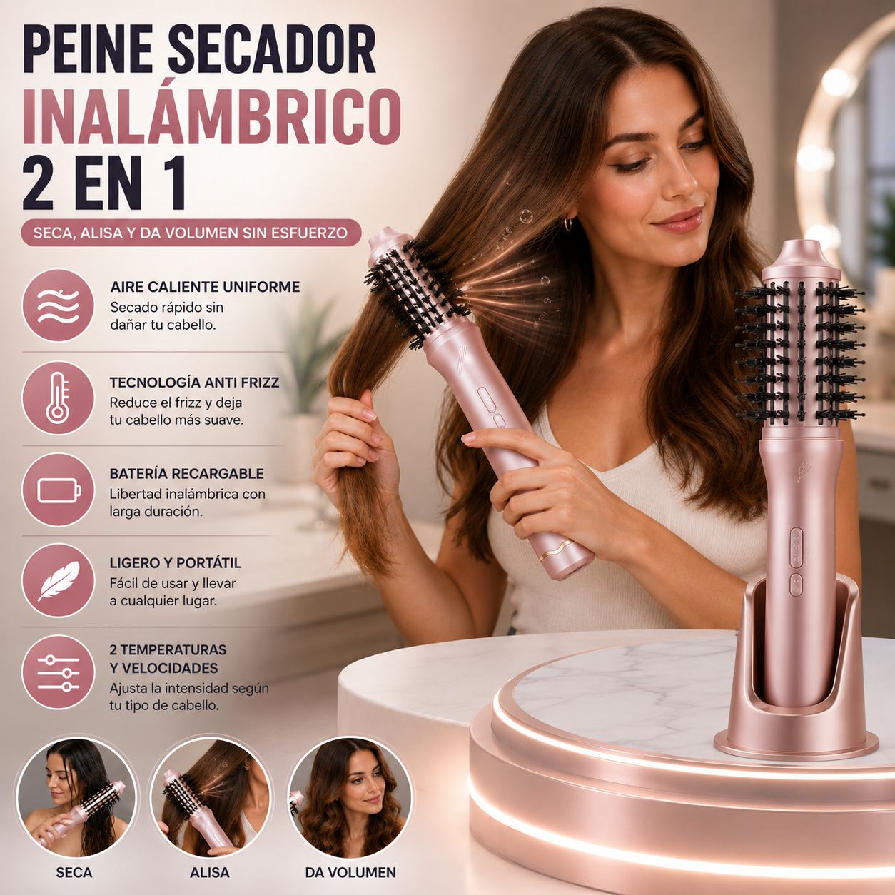 Peine Secador Inalámbrico 2 en 1