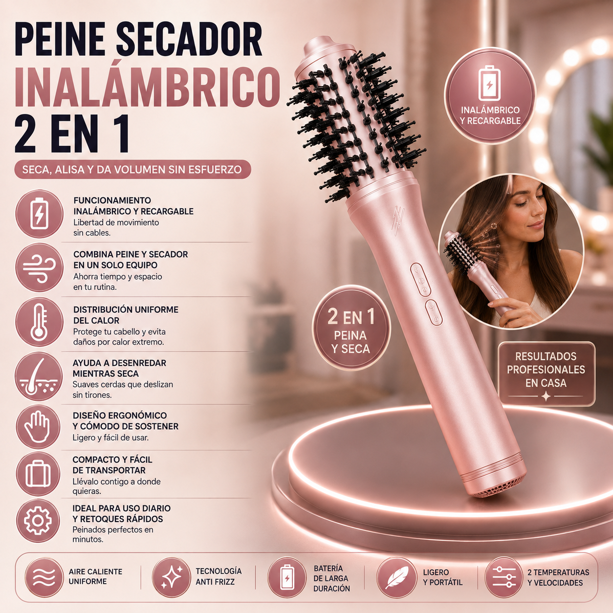 Peine Secador Inalámbrico 2 en 1