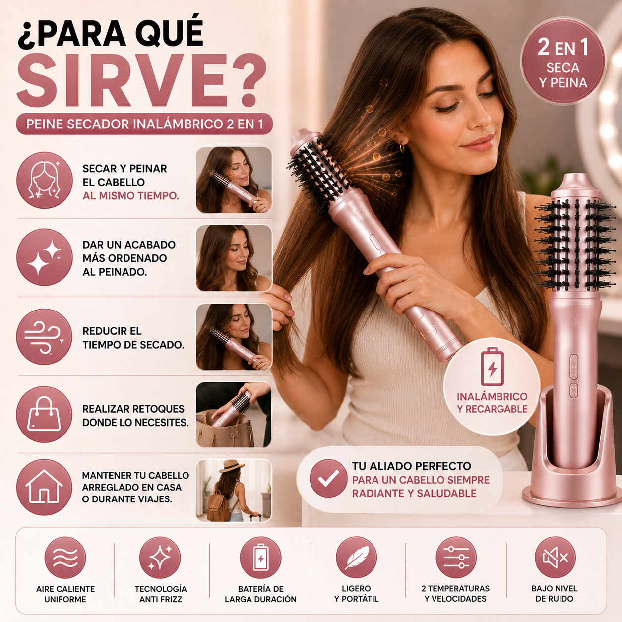 Peine Secador Inalámbrico 2 en 1