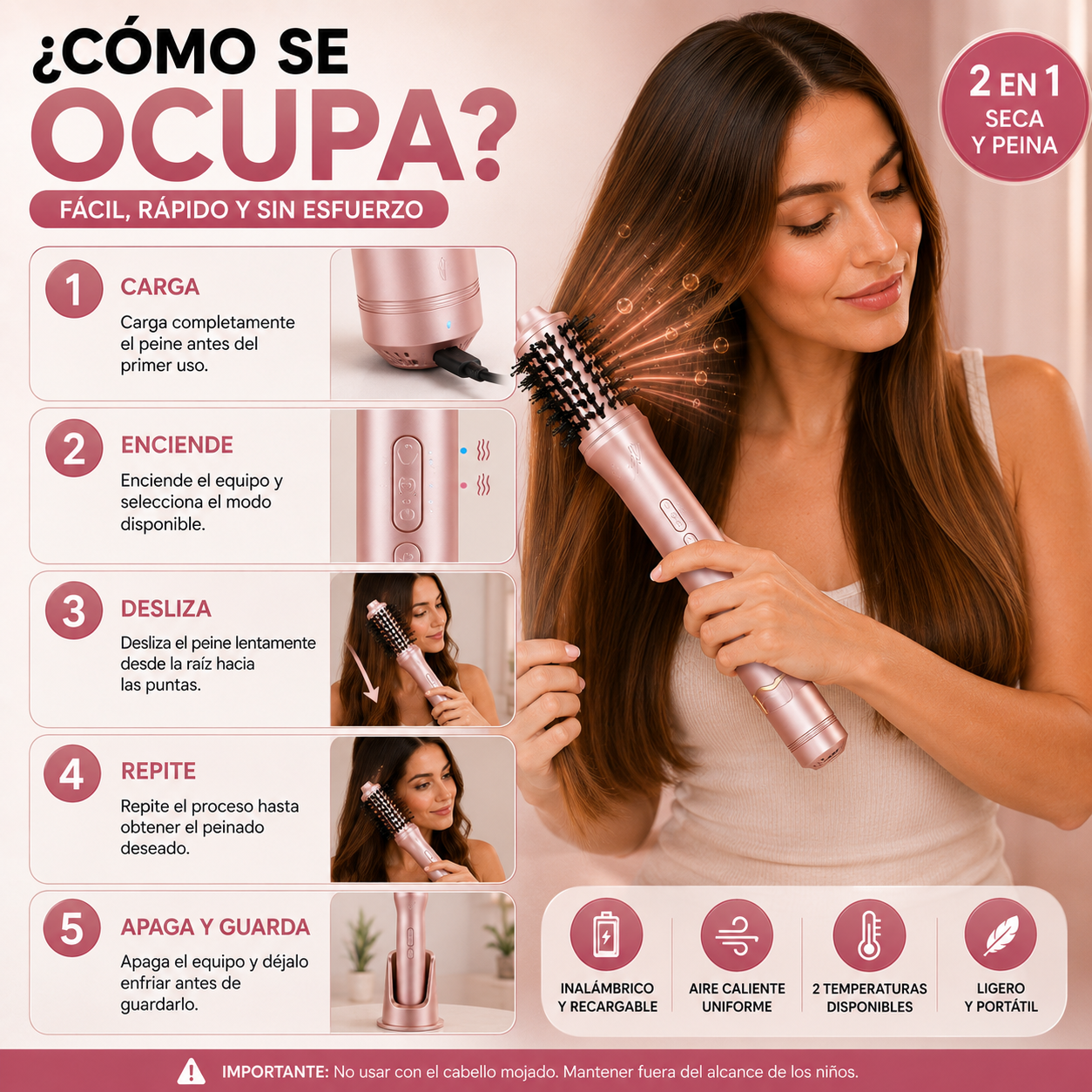 Peine Secador Inalámbrico 2 en 1
