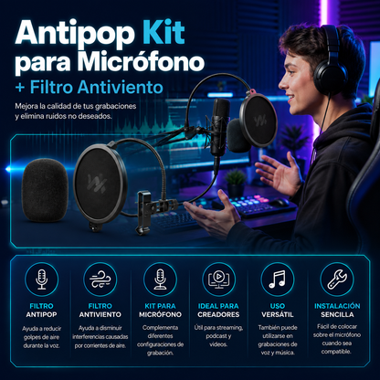 Antipop Kit para Micrófono + Filtro Antiviento