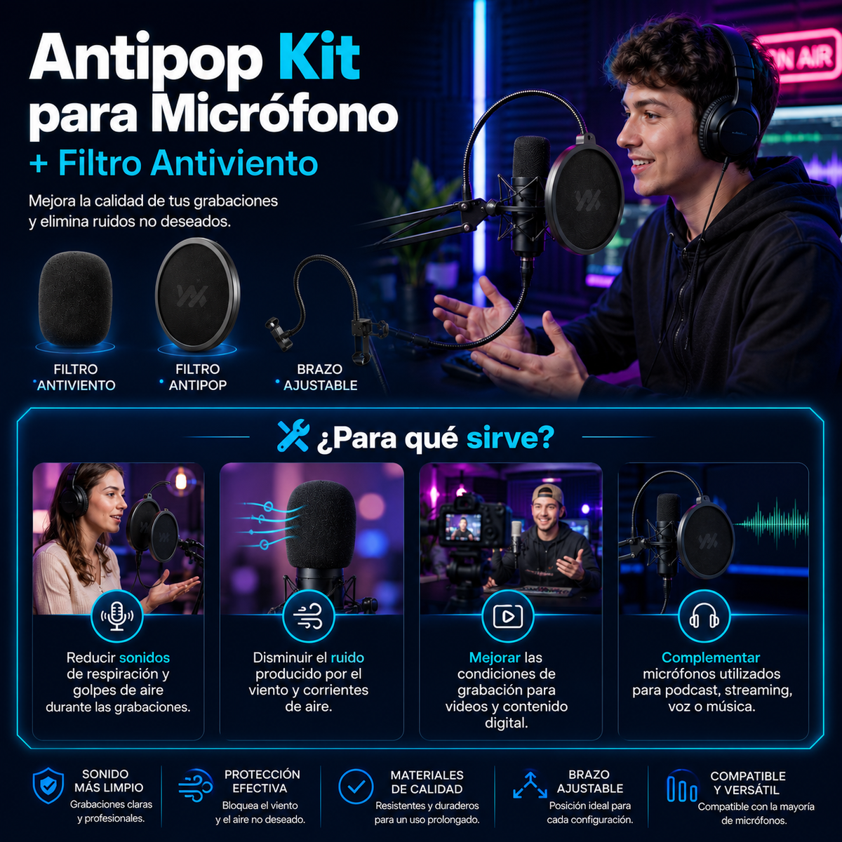 Antipop Kit para Micrófono + Filtro Antiviento