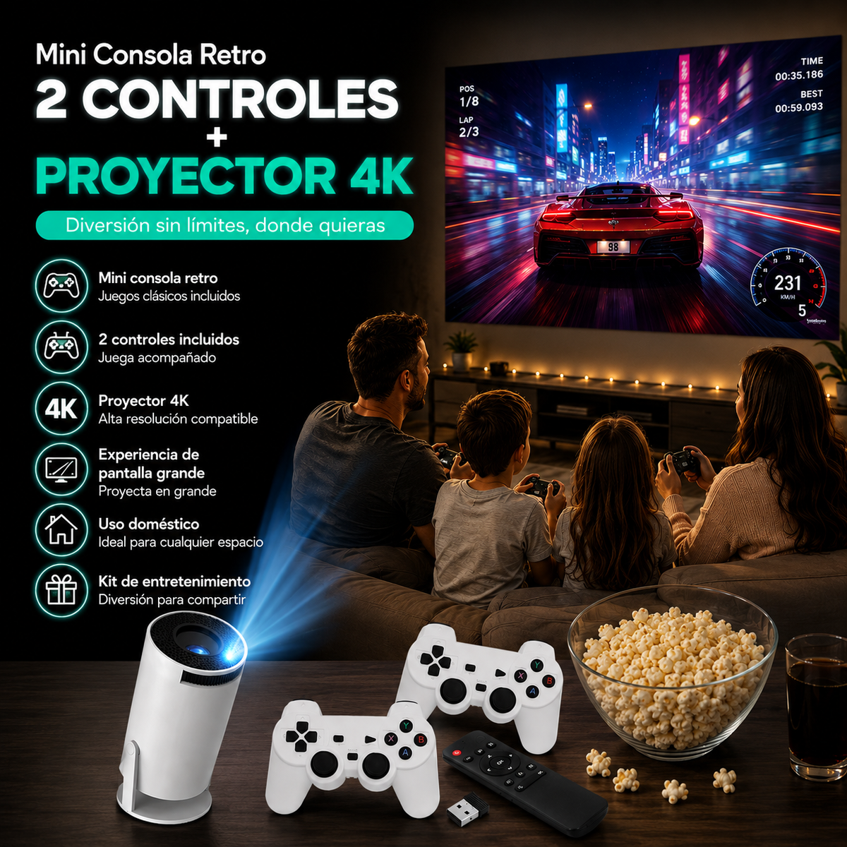 Mini Consola Retro 2 Controles + Proyector 4K