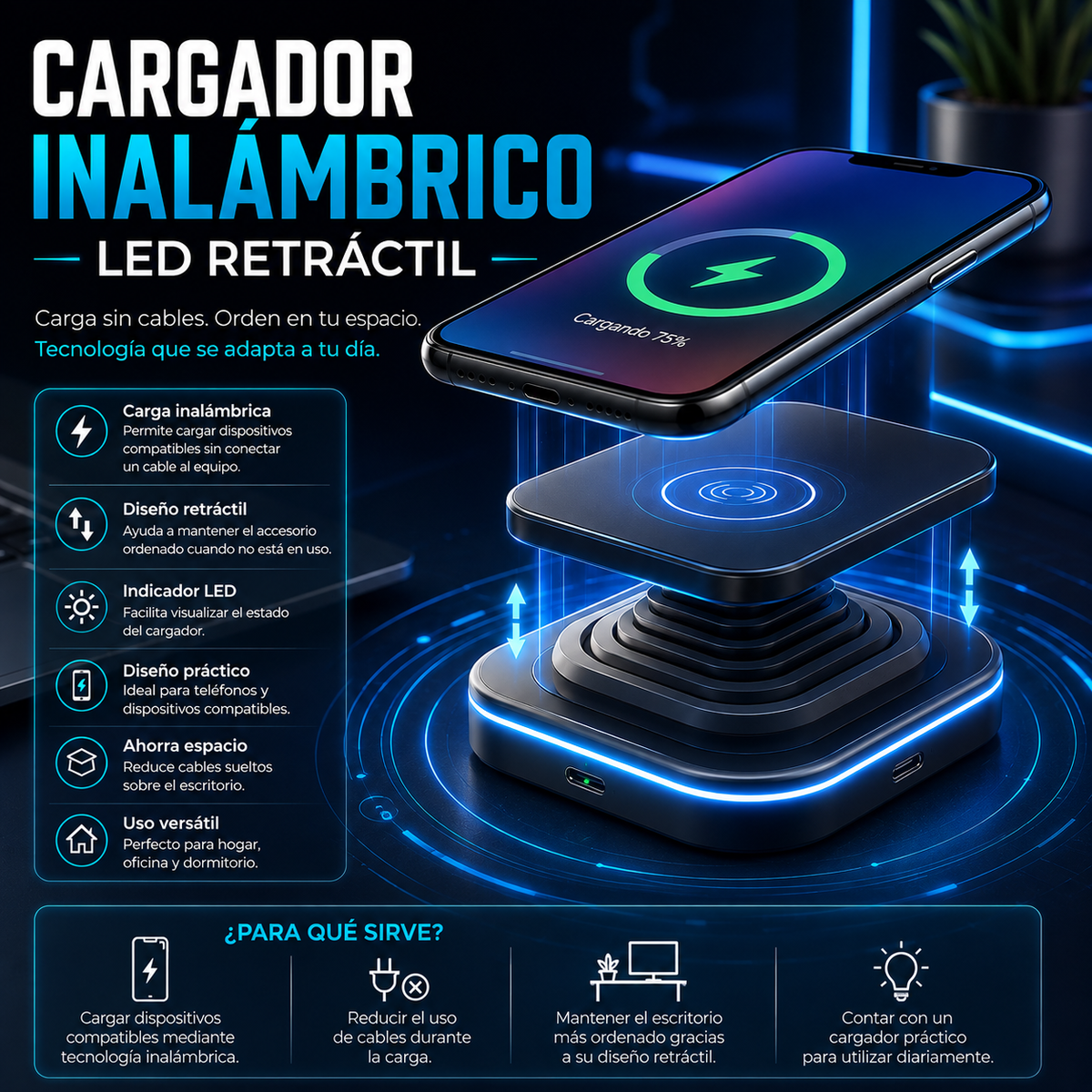 Cargador Inalámbrico LED Retráctil