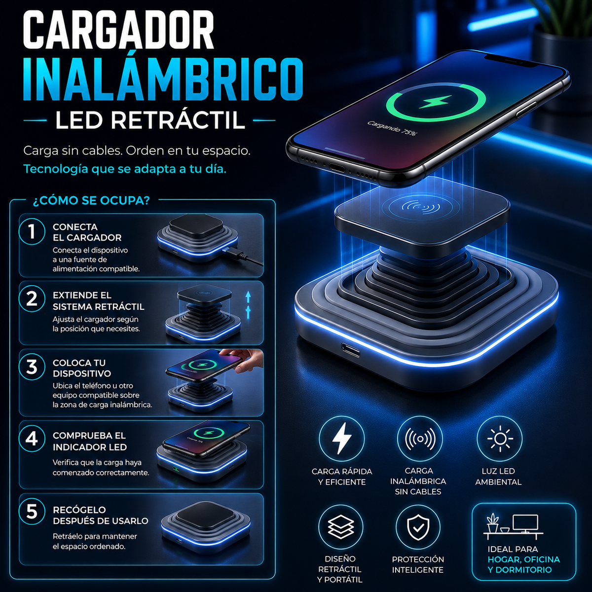 Cargador Inalámbrico LED Retráctil
