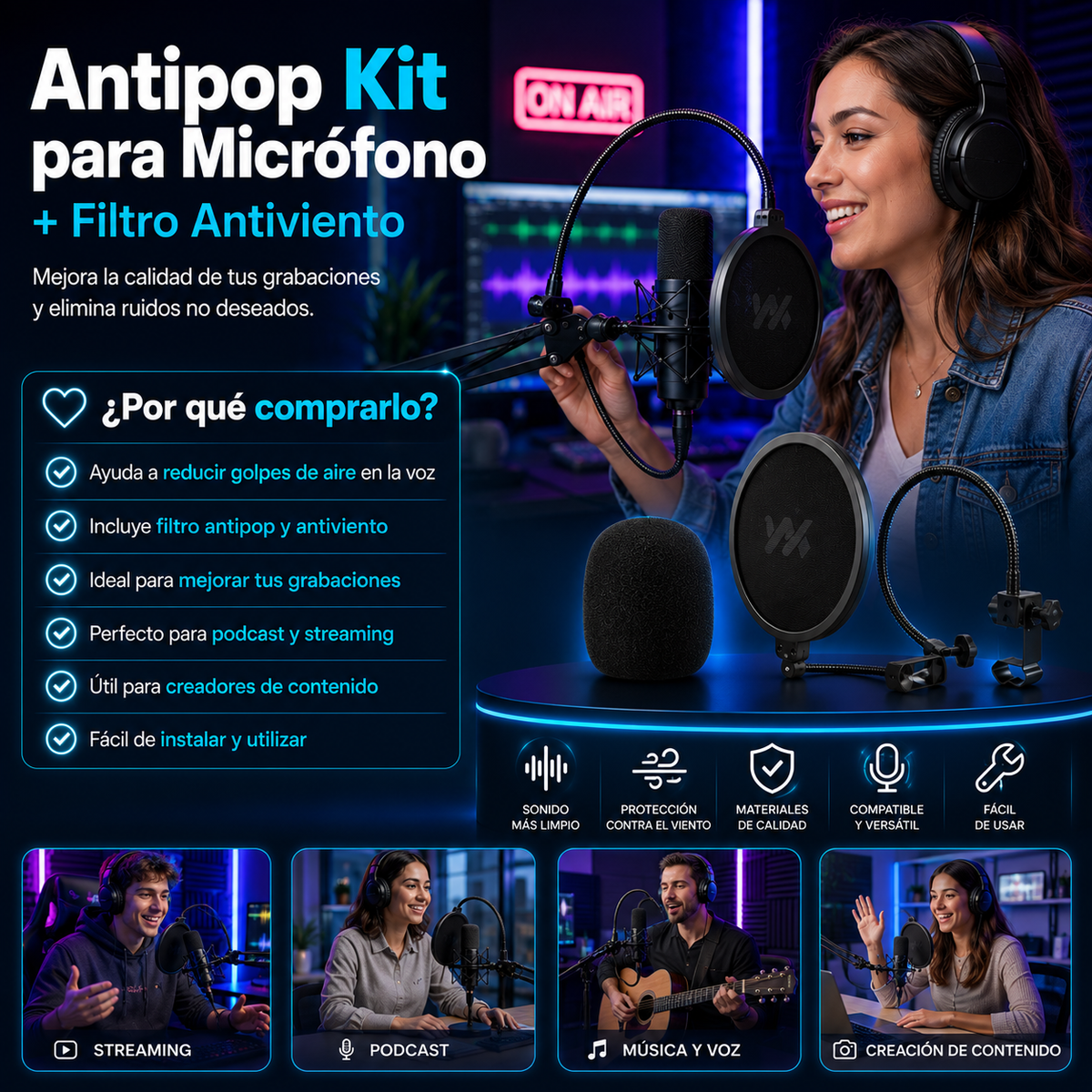 Antipop Kit para Micrófono + Filtro Antiviento
