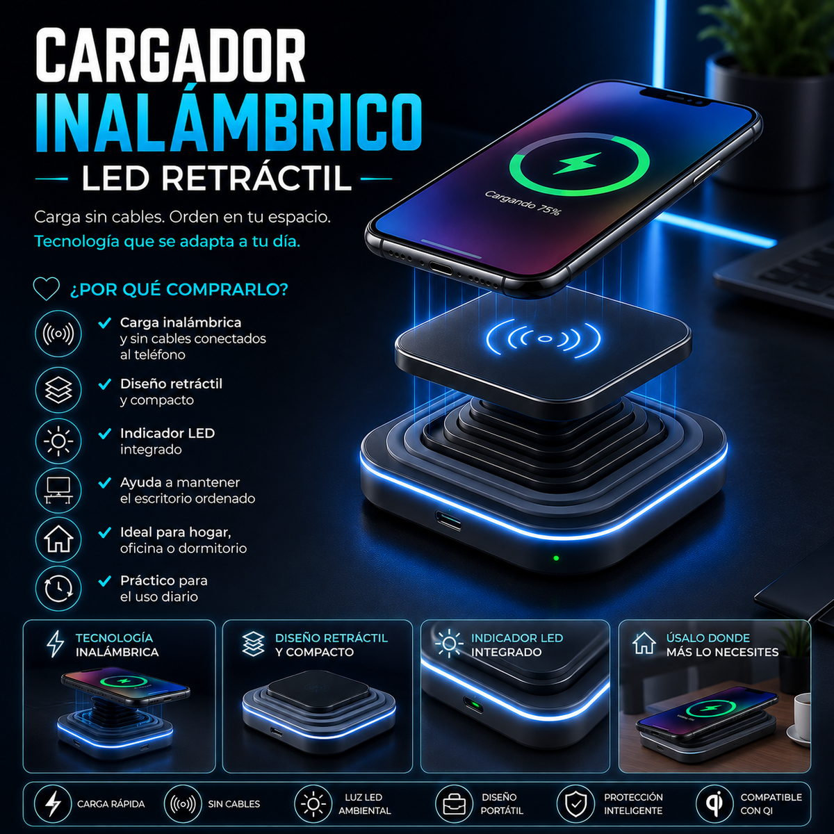 Cargador Inalámbrico LED Retráctil
