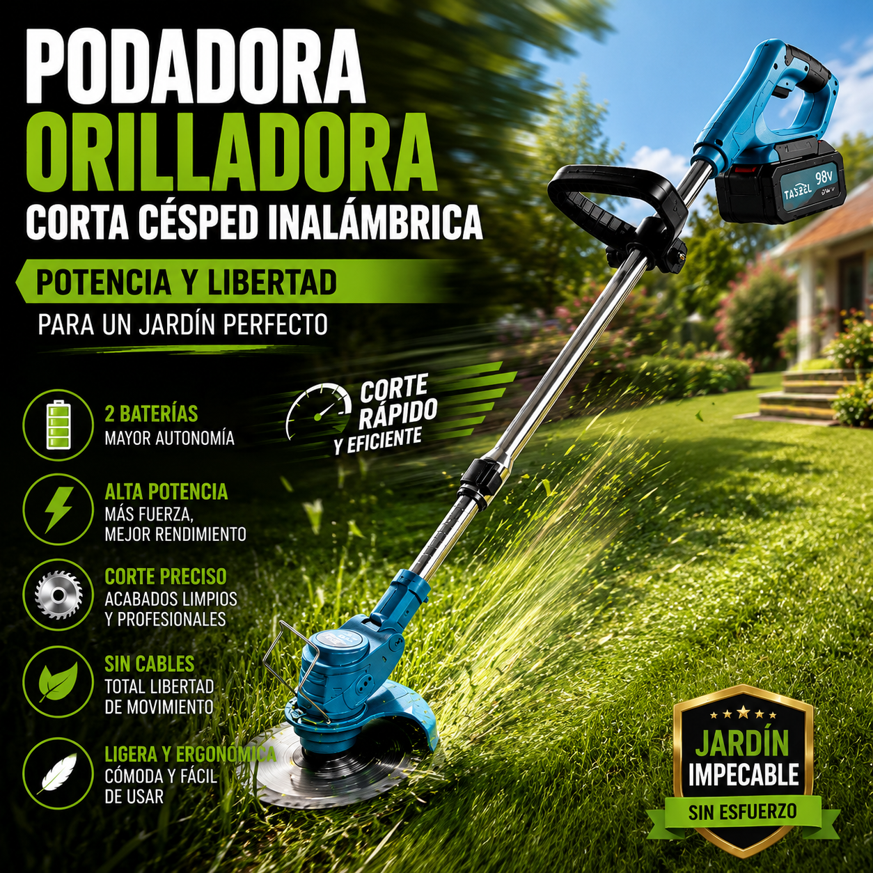 🌿 Podadora Orilladora Corta Césped Inalámbrica 2 Baterías