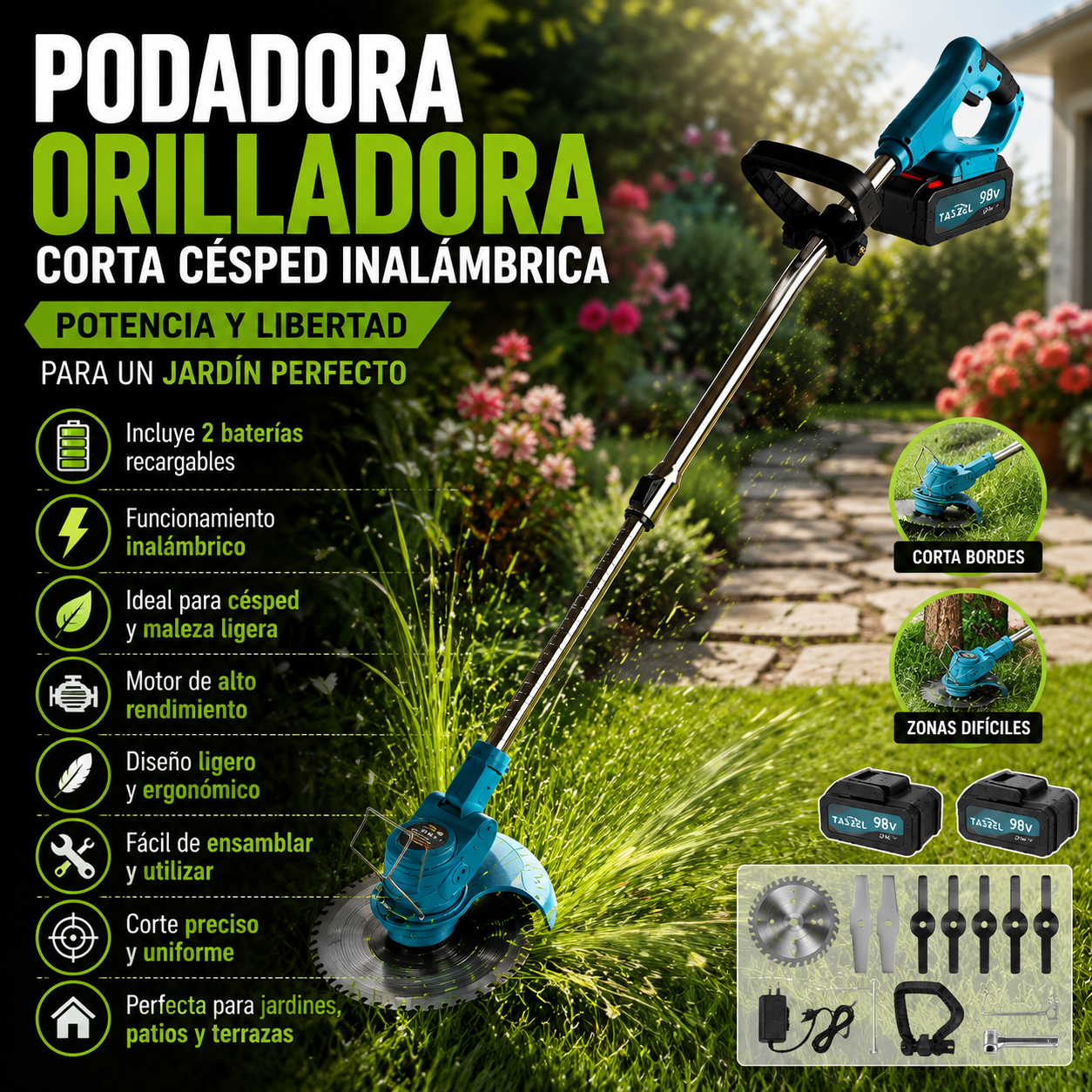 🌿 Podadora Orilladora Corta Césped Inalámbrica 2 Baterías