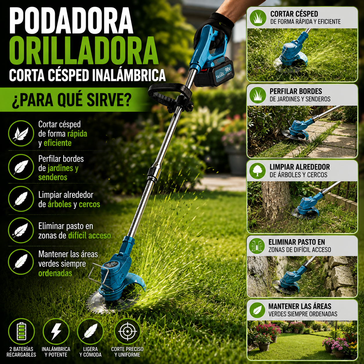 🌿 Podadora Orilladora Corta Césped Inalámbrica 2 Baterías