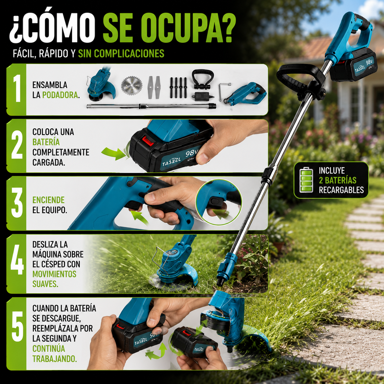 🌿 Podadora Orilladora Corta Césped Inalámbrica 2 Baterías