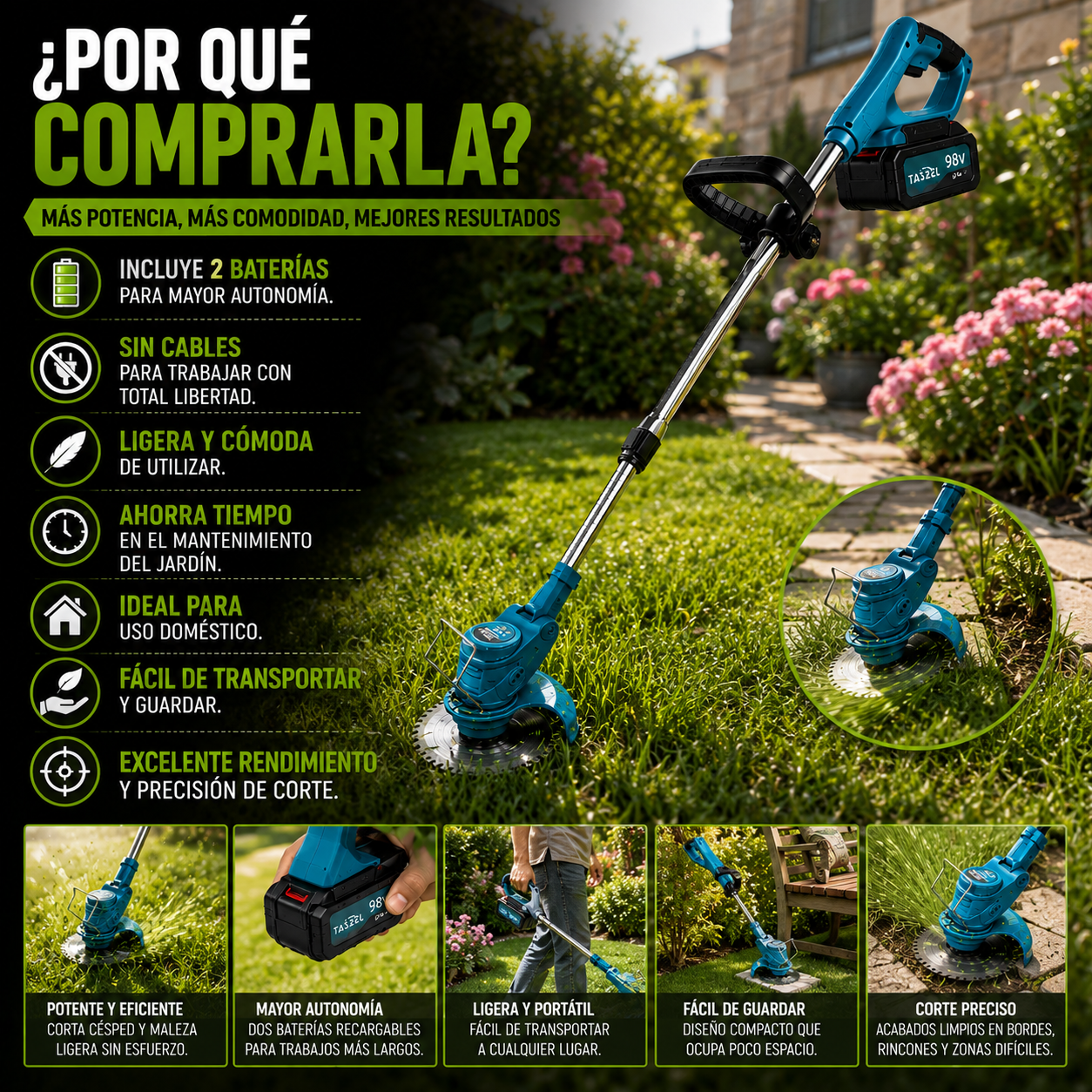 🌿 Podadora Orilladora Corta Césped Inalámbrica 2 Baterías
