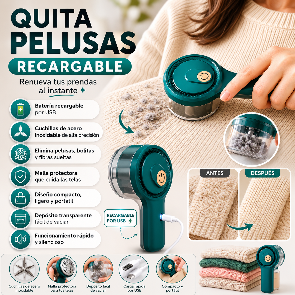 🔋 Quita Pelusas Recargable USB