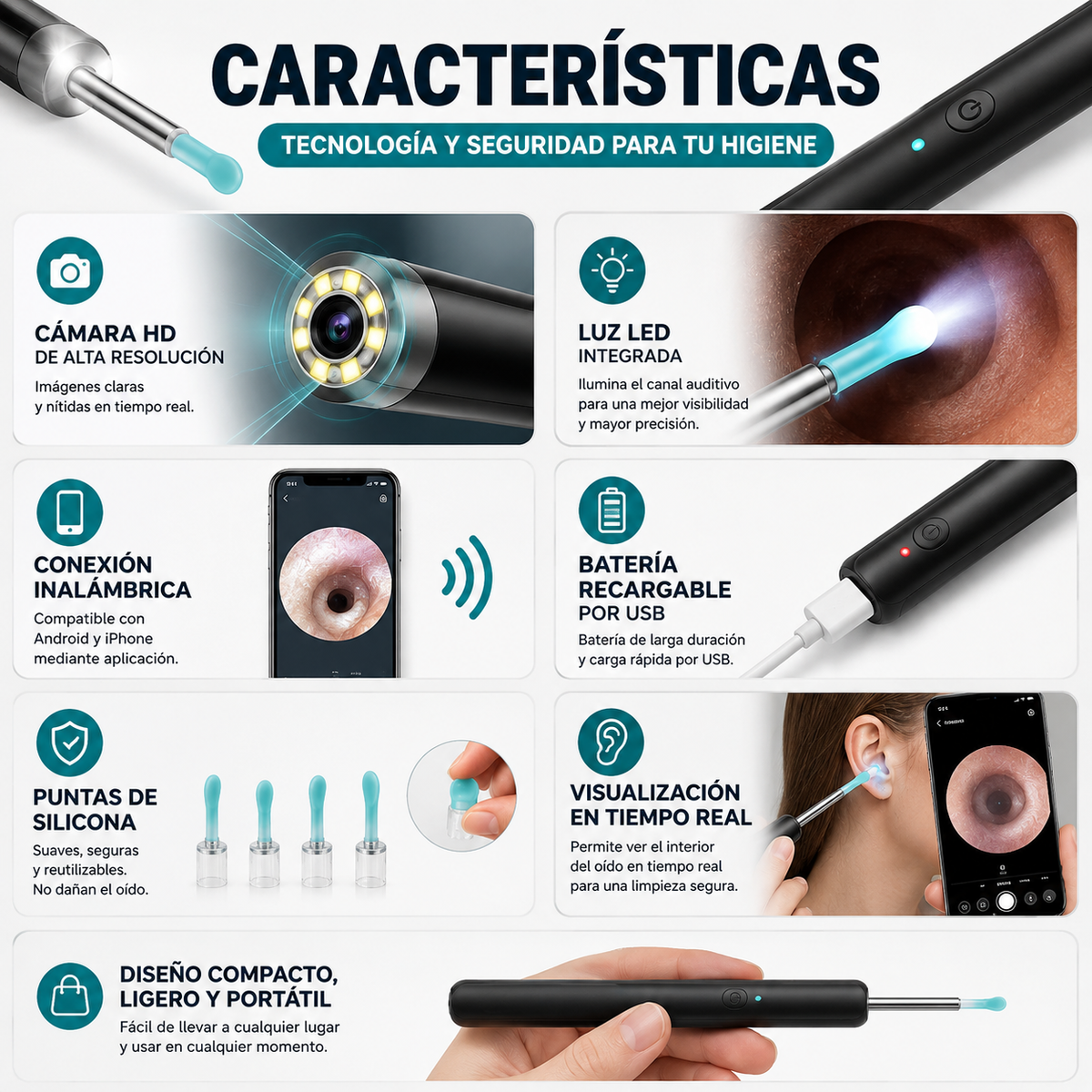 REMOVEDOR DE CERA DE OÍDO CON LUZ CAMARA HD