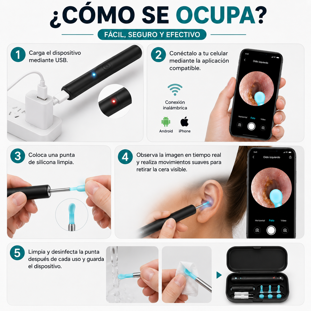 REMOVEDOR DE CERA DE OÍDO CON LUZ CAMARA HD