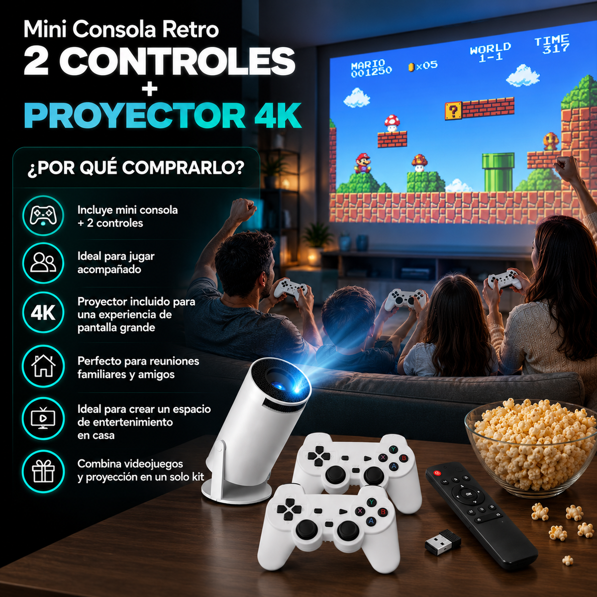 Mini Consola Retro 2 Controles + Proyector 4K