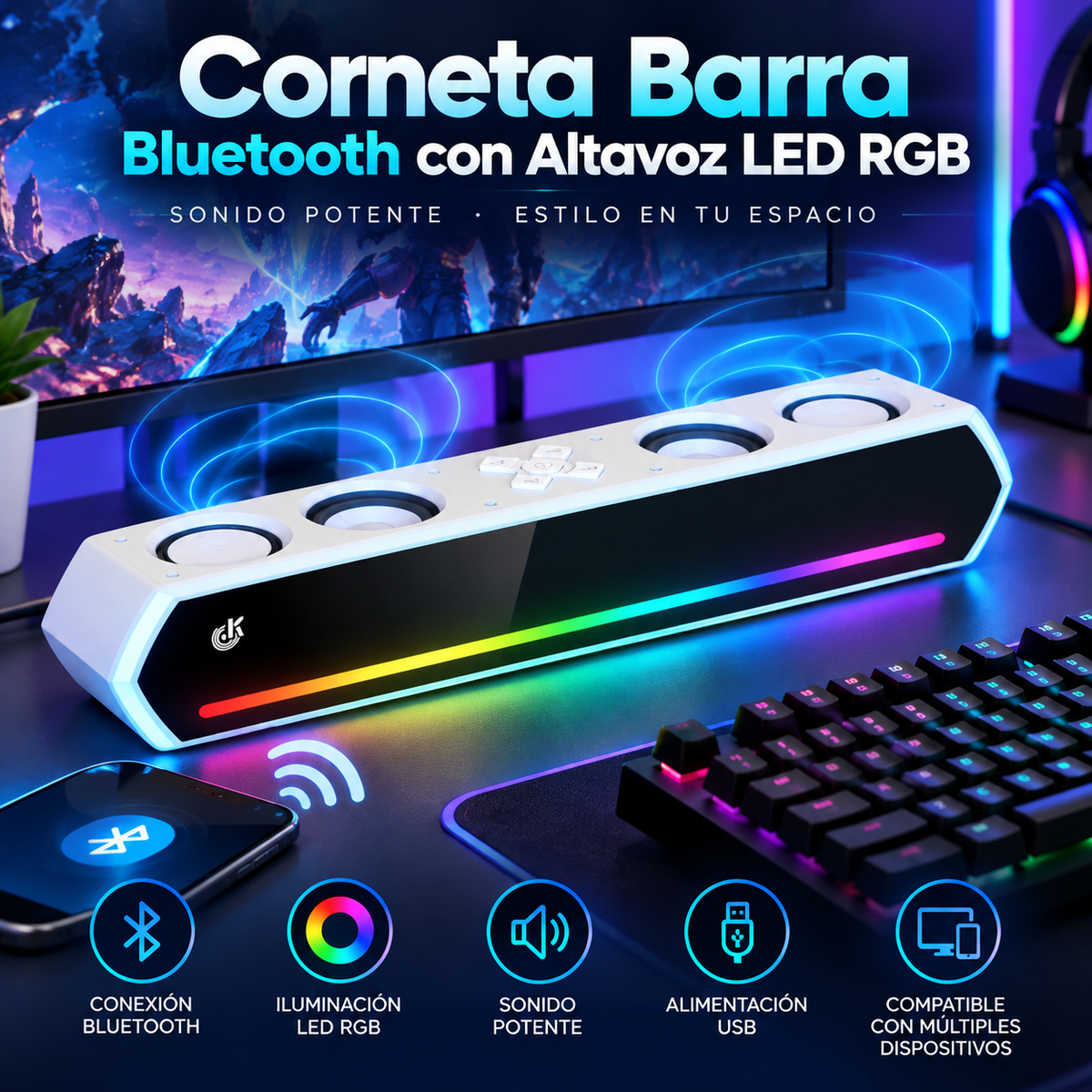 Corneta Barra Bluetooth con Altavoz LED RGB