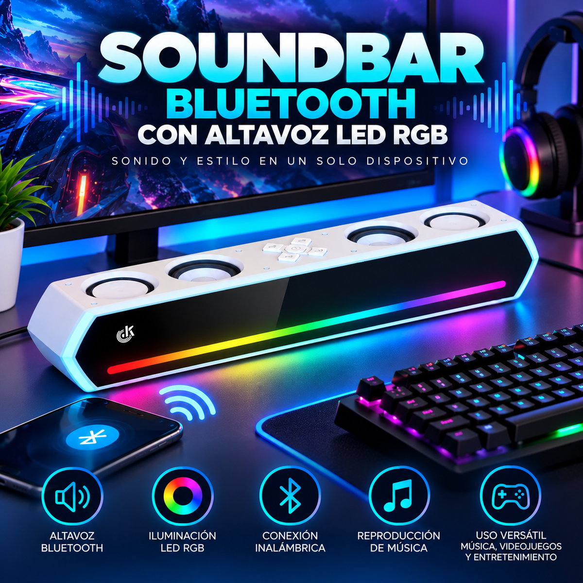 Corneta Barra Bluetooth con Altavoz LED RGB