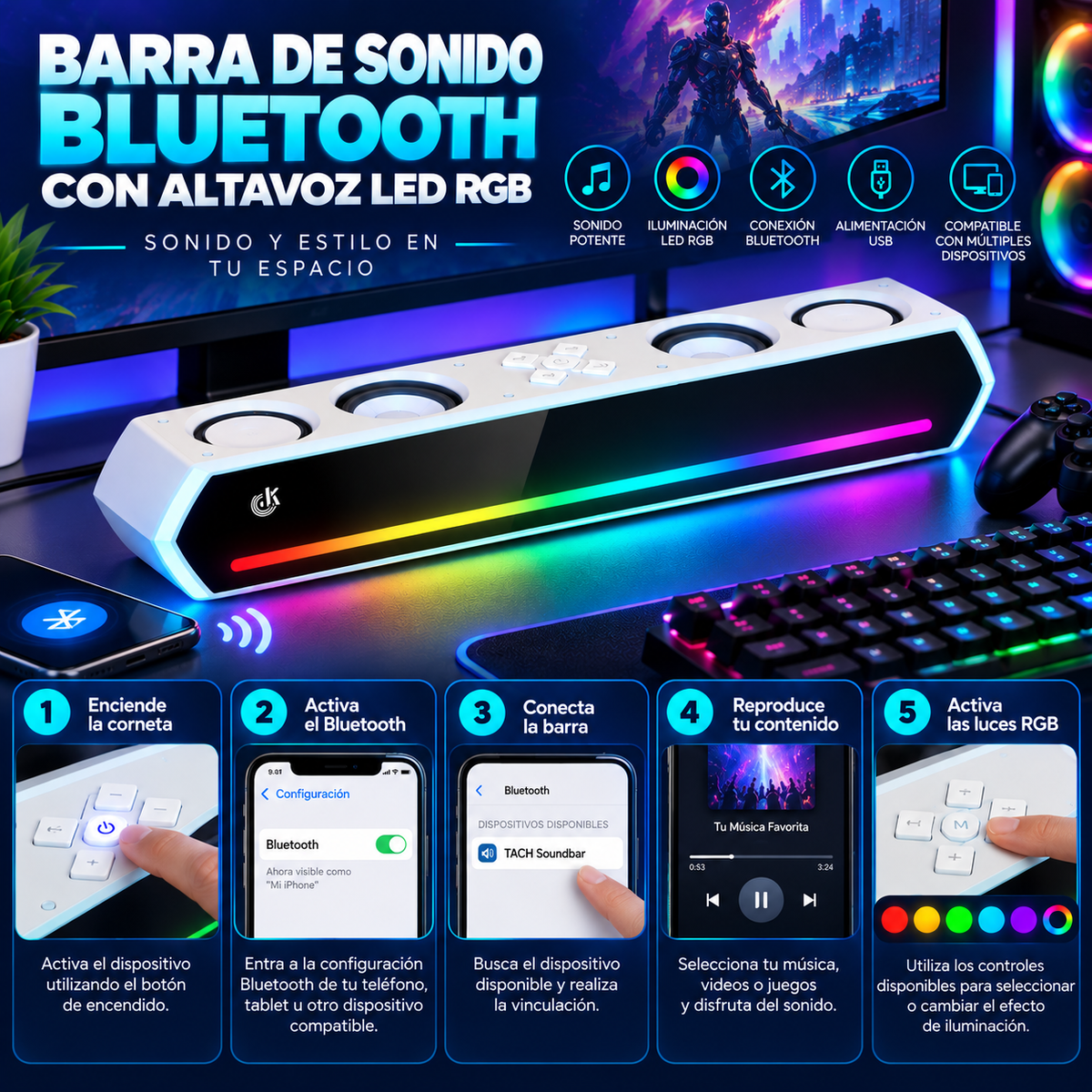 Corneta Barra Bluetooth con Altavoz LED RGB