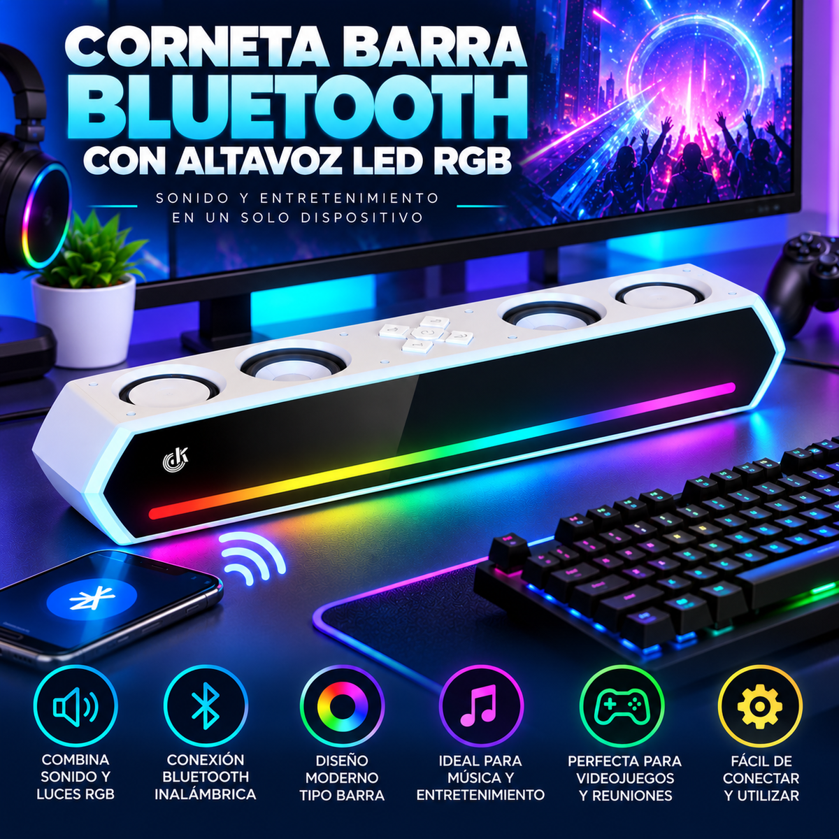 Corneta Barra Bluetooth con Altavoz LED RGB