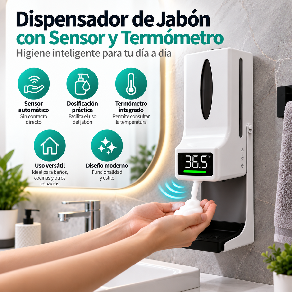 Dispensador de Jabón con Sensor y Termómetro